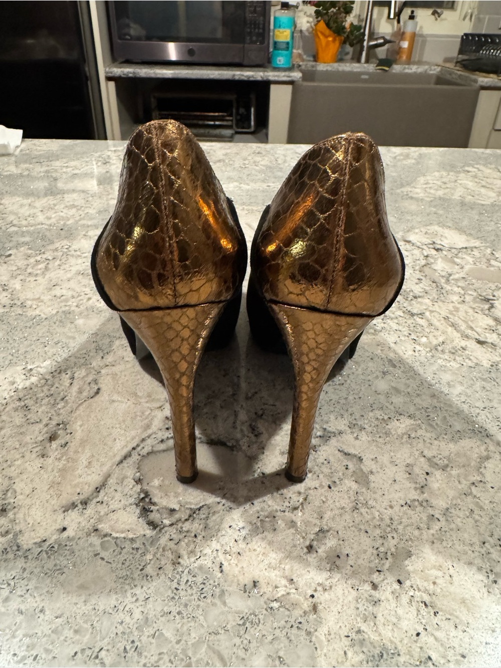 GUESS Black Suede Peep-Toe Pumps with Gold Heel Accent